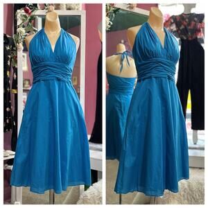 Vintage Y2K Does 50s Halter Swing Dress Blue Open Back Rockabilly Fit Flare S